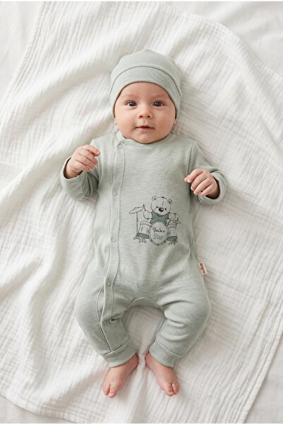 hobbe baby 2'li Tulum Seti 3 - 6 Ay Manşetli Çıtlı Baskılı Tulum ve Şapka "Yo...