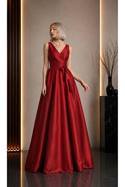 ALYEL NAKER Double-Breasted Closed-Front Red Maxi Taffeta Stylish Dress