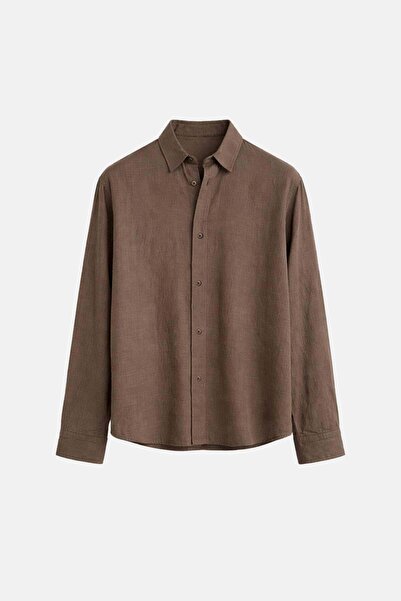 VAMOSCLO Basic Keten Oversize Gömlek Kahve
