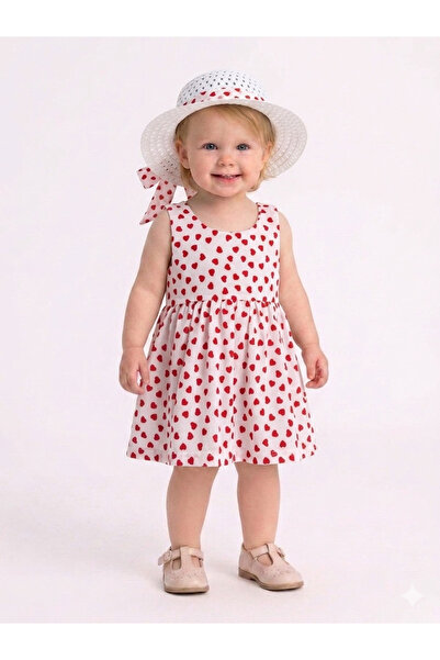 Kereminko Bebek Baby Girl Straw Hat and Heart Patterned Dress with Bow on the...