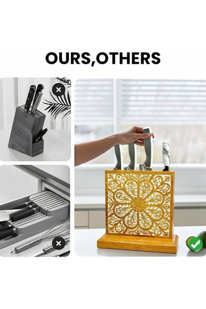 Souq DESIGNS Knife Holder for Wall – Wooden Knife Block 4 Slots | Hand-Carved Knife Stand Organizer Mango Wood | Kitchen Knife Storage Rack | Non Magnetic Knife Holder | Natural Whitewash 1 Pc