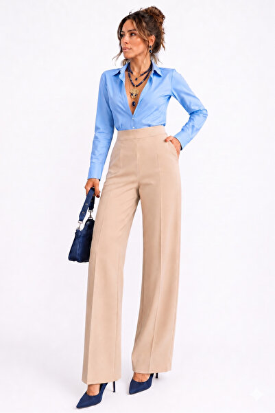 BORCKA TEKSTİL Beige Woven Crepe Trend Women's Trousers