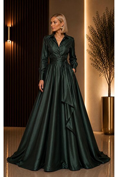 SERAVENZA COUTURE Maxi Boy Uzun Kollu Seyyar Kuşaklı Tafta Gömlek Elbise COU-18