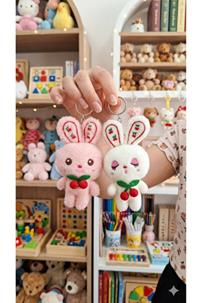 Şirin 2 li Kirazlı Tavşan Peluş Anahtarlık Seti (Beyaz & Pembe)