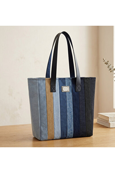 MAVİCENZA Kadın Denim Patchwork Omuz Çantası Özel Tasarım Çok Renkli Kot Tote...