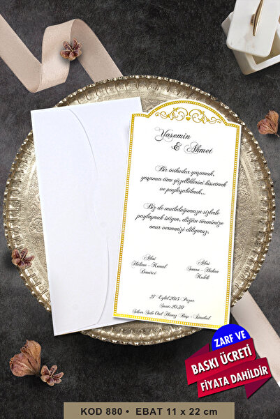 Cem Davetiye Düğün Nişan Nikah Kına Davetiyesi 880 (100 ADET) Baskı Dahil