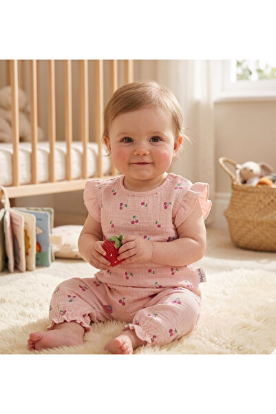 minitix Eid Summer Cherry Patterned Girls' Cotton Muslin T-Shirt and Shorts Set