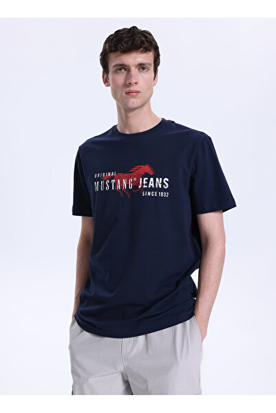 Mustang Bisiklet Yaka Baskılı Lacivert Erkek T-Shirt M6SM-TST1605
