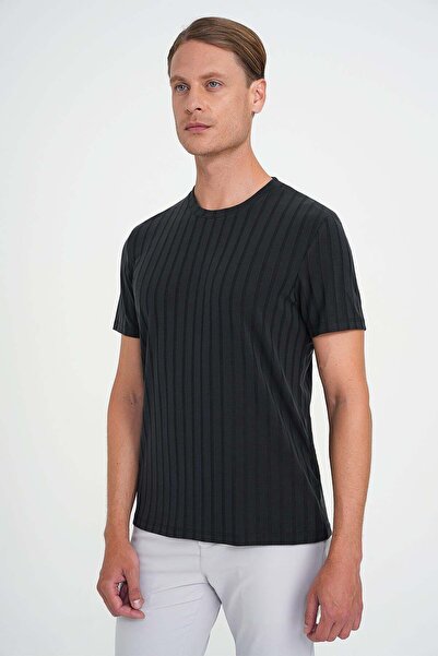 Efor Comfort Fit Esnek Pamuklu Bisiklet Yaka Fitilli Siyah Tişört TS 909