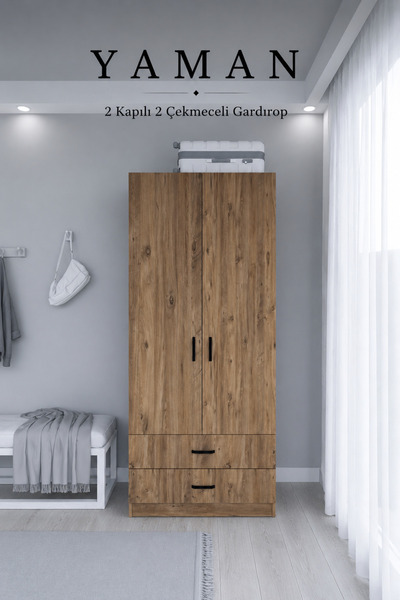 midoser Yaman 80 Cm Atlantik Çam 2 Kapaklı 2 Çekmeceli Elbise Dolabı - Gardırop