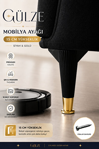 GÜLZE (15 cm) Gold Pabuçlu -Nefes Model- Mobilya Ayağı (Mobilya Ayağı, Dolap,...