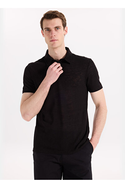 Fabrika Siyah Erkek Slim Fit Flamlı Polo T-Shirt F6SM-TST 2901