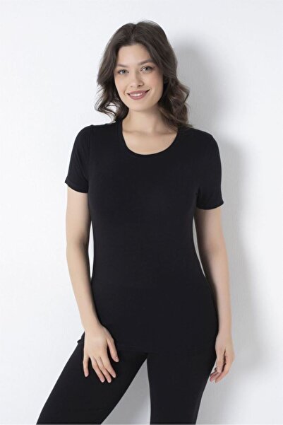 Bross Tricou de damă din bambus cu mânecă scurtă, negru 1460