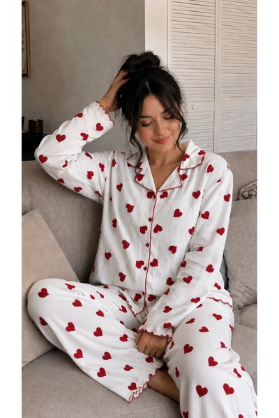 rindahomewear ΣΕΤ ΠΙΤΖΑΜΑΣ ΑΠΟ ΥΦΑΣΜΑ BURUMCUK, ΜΕ ΜΑΚΡΙΑ ΜΑΝΙΚΙΑ, ΚΟΥΜΠΩΤΑ, ...