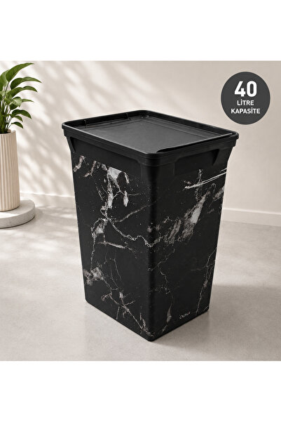 QUTU Trashbin Black Marble 40 L Plastik Çöp Kovası