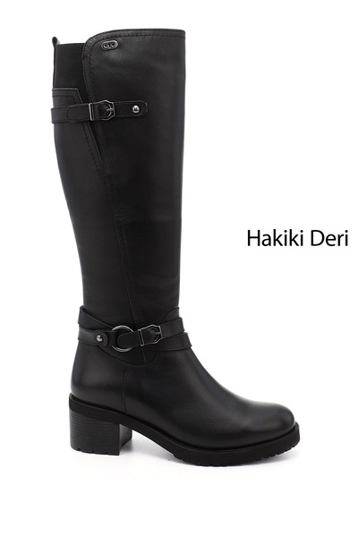 GÖNDERİ(R) Kadın Siyah Fermuarlı Kalın Topuklu Hakiki Deri Çizme