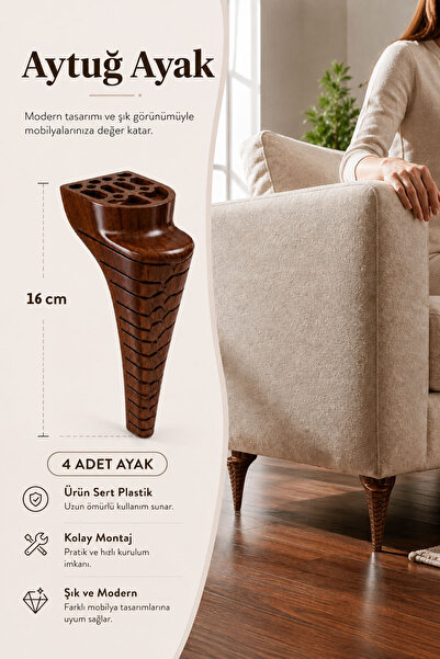 Badem10 Aytuğ LAZİO Ahşap Mobilya Ayağı 16 CM 4 Adet Modern Kanepe Koltuk Dol...