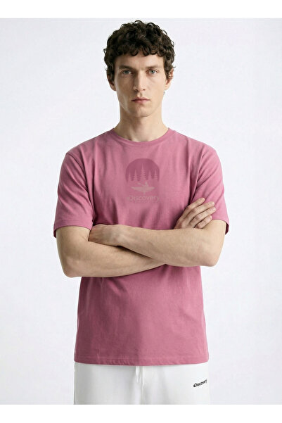 Discovery Expedition D6SM-TST3778 Pembe Bisiklet Yaka Relaxed Baskılı Erkek T...