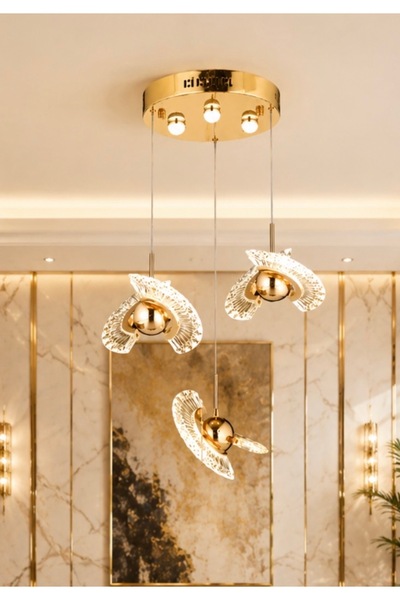 burenze Modern Luxury Exclusive Crystal Üçlü Led Avize Gold Sarı Ledli Avize