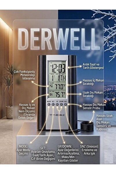 Derwell Yeni 2026 Sıcaklık/Hava Durumu/Alarm/Dış Sensörlü Dijital Termometre ...