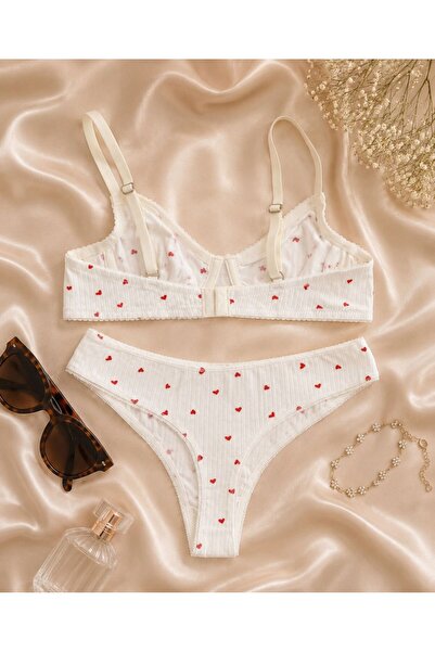 dem merys Miniş Red Heart Patterned Underwire Cotton Combed Bra Set (Bra Kilot)
