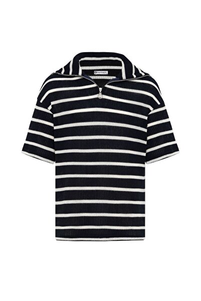 S13 Store Oversize Striped Zippered Collar Knitwear T-Shirt