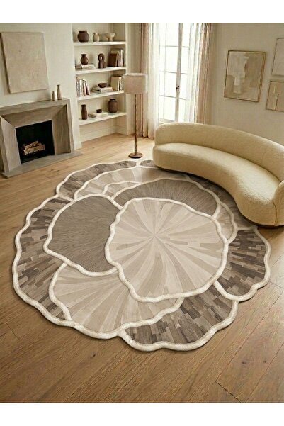 SDT Cream Brown Color Modern Organic Form Pastel Minimalist Woven Base Decorative Carpet sdt1352