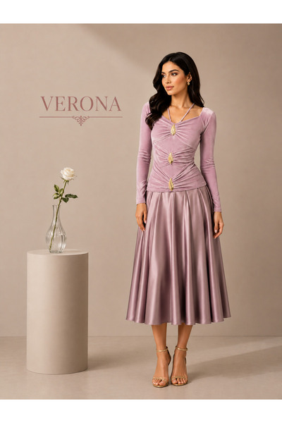 Verona Midi Evening Dress with Three-Dimensional Design and Ruffle Details an...