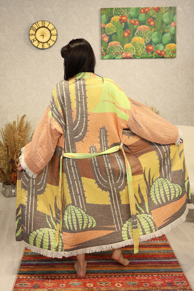 Befera Design Kimono din muselină 100% bumbac, cu model cactus, halat de baie...