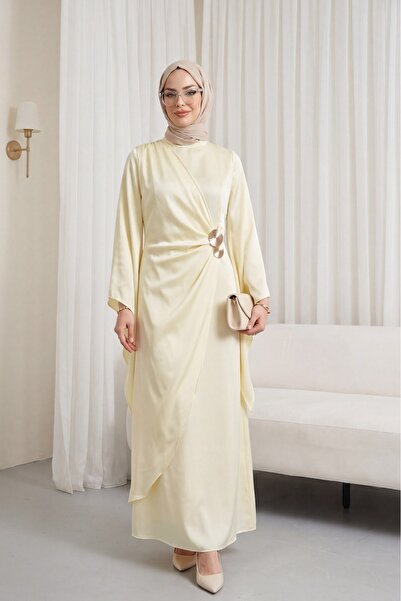 Modamorfo Buckle Detailed Double Layered Asymmetrical Sleeve Satin Evening Dr...