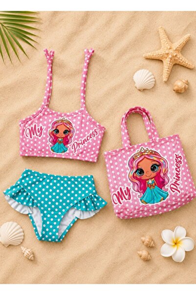 Lolliboomkids Kız Çocuk Prenses Bebek Baskı Desen Plaj Çantalı Bikini Takımı ...