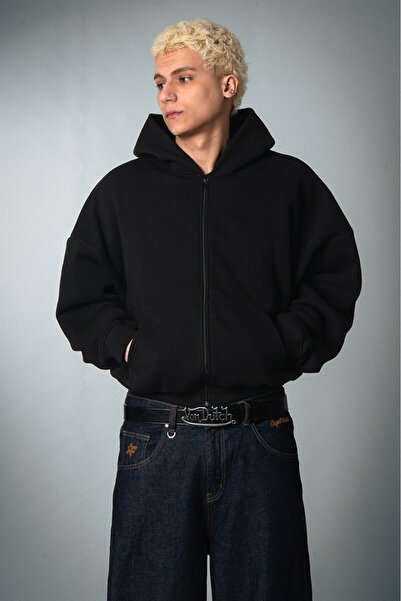 Crupt Studio Darkline Siyah Crop Erkek Ceket Zip Hoodie