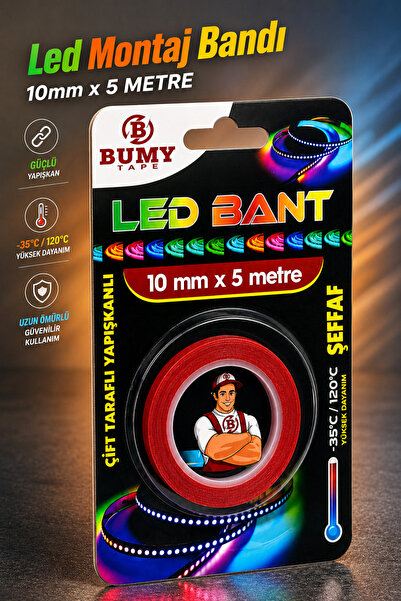 BUMY Çift Taraflı (10mm x 5 METRE) Şeffaf Güçlü LED Montaj Bandı – LED Yapışt...