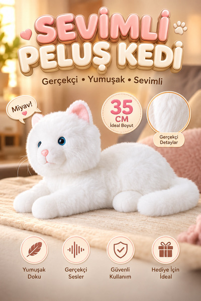 viyolmarketim Sesli Miyavlayan Peluş Kedi 35 cm – Beyaz Yumuşak Peluş Oyuncak...