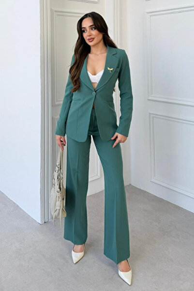 diaves Yeşil Kadın Aksesuarlı Astarlı Tek Düğme Blazer Ceket & Kumaş Pantolon Takım Elbise