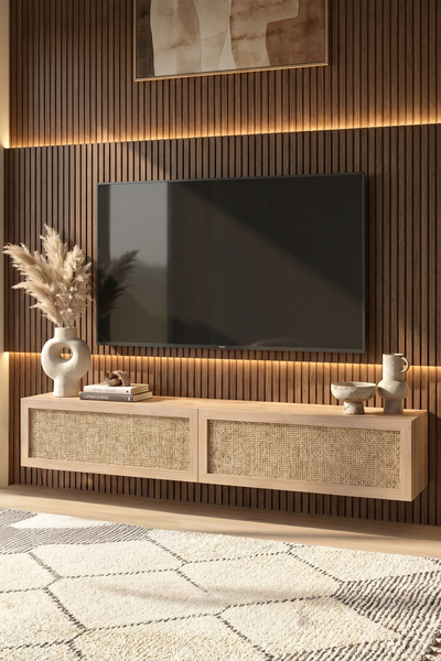 Yurudesign Future Tv Ünitesi Sehpası Duvara Monte Ahşap Jüt Kapaklı 180cm Sep...