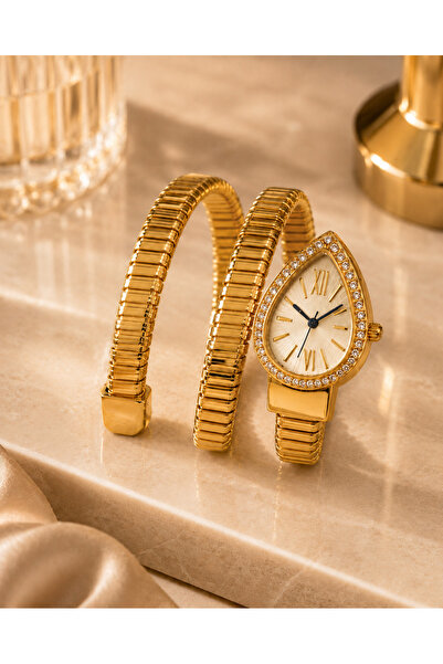 Merand Gold Color White Dial Snake Watch, Wrap Around Watch, Women's Wristwatch