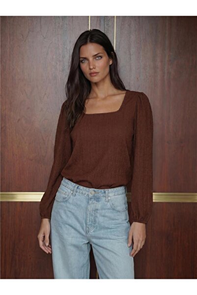 WeShaya Brown Stretchy Textured Long Sleeve Straight Cut Polyester Lycra Blouse