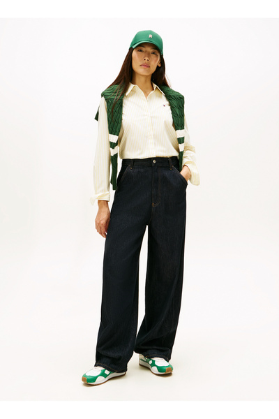 Tommy Hilfiger Sarı Kadın Standart Fit Çizgili Gömlek ESS POPLIN REGULAR SHIRT