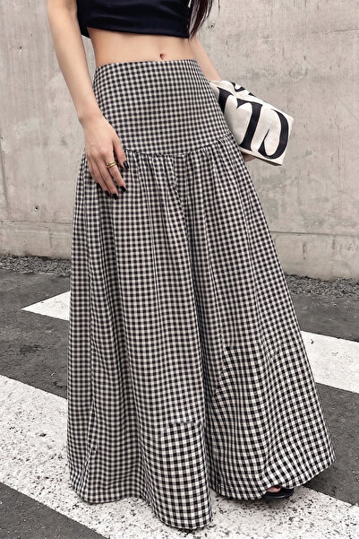 The Champ Clothing Fusta maxi în carouri Belle pentru femei, neagră – Talie î...