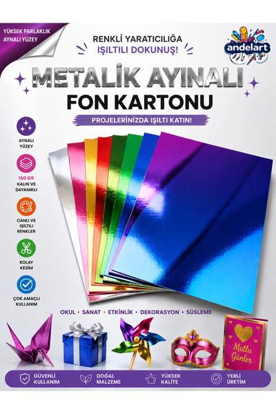 andelart A4 Metalik Aynalı Fon Kartonu 10 Renk 1 Paket 21x30 Cm Parlak Yüzeyl...