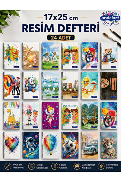andelart Resim Defteri Spiralli Karton Kapak 15 Yp 17x25 24 Adet