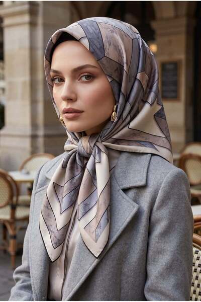 Vissona 100% Twill Silk Marble Patterned Beige - Gray Colored 90X90 Scarf Sew...