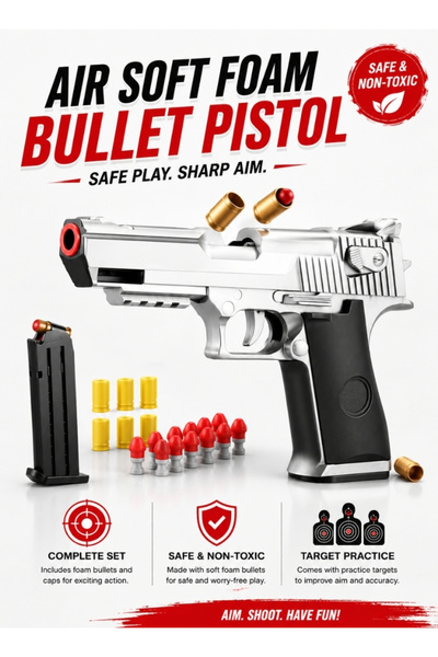 Premium Silver Soft Bullet Toy Pistol Set – Foam Dart Gun with Targets for Kids