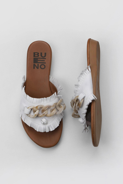Bueno Shoes Λευκές Δερμάτινες Γυναικείες Παντόφλες Flat 01wu7408