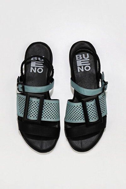 Bueno Shoes Sandale plate de damă din piele neagră albastră 01wu3010