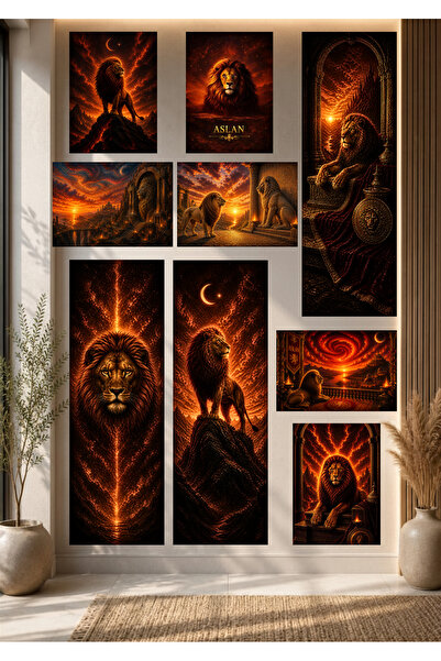 Çerçevesiz Aslan Temalı 11 Parçalık Dekoratif Poster Koleksiyonu
