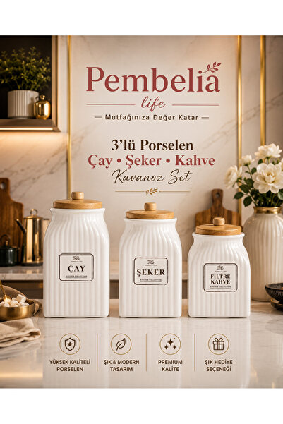 Kitchen Pembelia 3'lü Lüx Bambu Kapaklı Kavanoz Seti (Çay Şeker Filtre Kahve ...