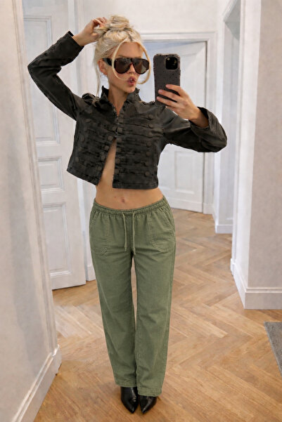 DAMGA JEANS Pantaloni de damă, la modă, cu talie joasă, largi, din in verde