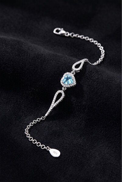 Roza Silver 925 Ayar Akuamarin Taşlı Rodyum Pırlanta Görünümlü Kalp Gümüş Bil...